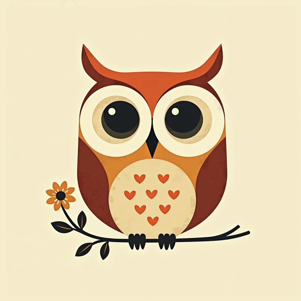 Icon Idea: Minimalist Retro Owl Emblem - A simplified geometric owl face with large, circular eyes, using a limited retro color palette and a slightly weathered texture, perhaps with a subtle daisy incorporated.