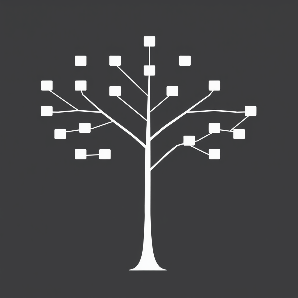 Algorithmic Branching Tree: A stark, minimalist tree trunk. Uniform branches (e.g., always bifurcating at 45 degrees) are added sequentially. 'Leaves' are simple, identical pictograms (like tiny squares) appearing one by one, representing generated elements.