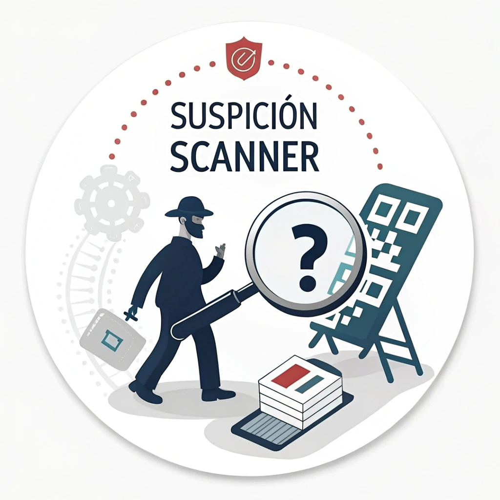 Sub-design 3: 'Suspicion Scanner' sticker showcasing a magnifying glass icon hovering over an abstract representation of suspicious content (e.g., a question mark, a pixelated/glitchy data block, or a shadowy silhouette), signifying scrutiny.