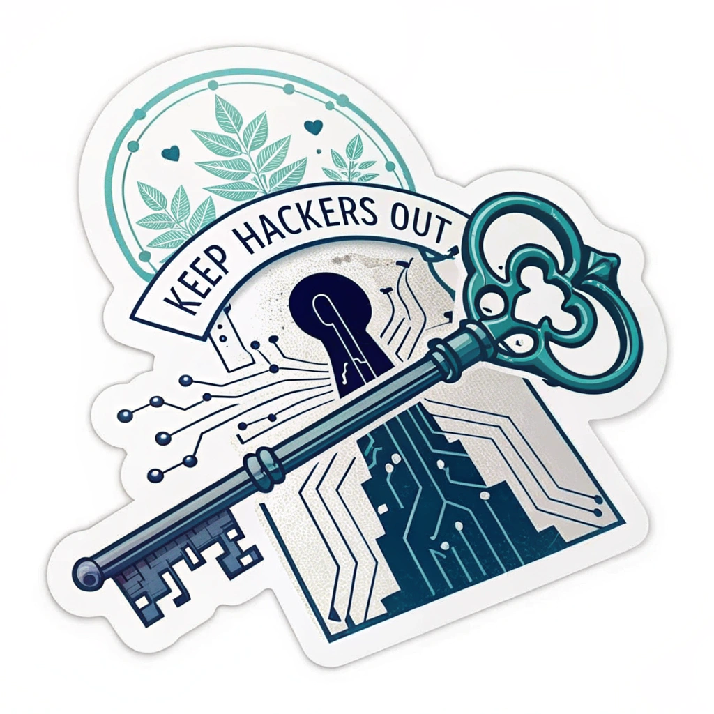 An abstract design where a key (representing a strong password) fits perfectly into a complex keyhole, dispelling shadowy 'hacker' tendrils or glitch effects. 'Keep Hackers Out' is subtly integrated into the background pattern.