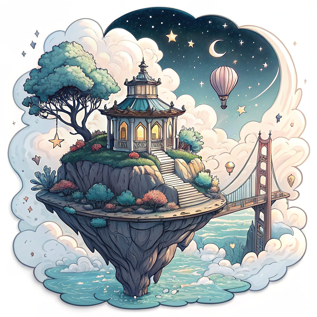 Floating Island Stage: A whimsical design showing the Kinetic Stage, or significant parts of it, as a majestic floating island sanctuary among soft, ethereal clouds and distant stars, accessible by bridges of light, symbolizing a dream destination.