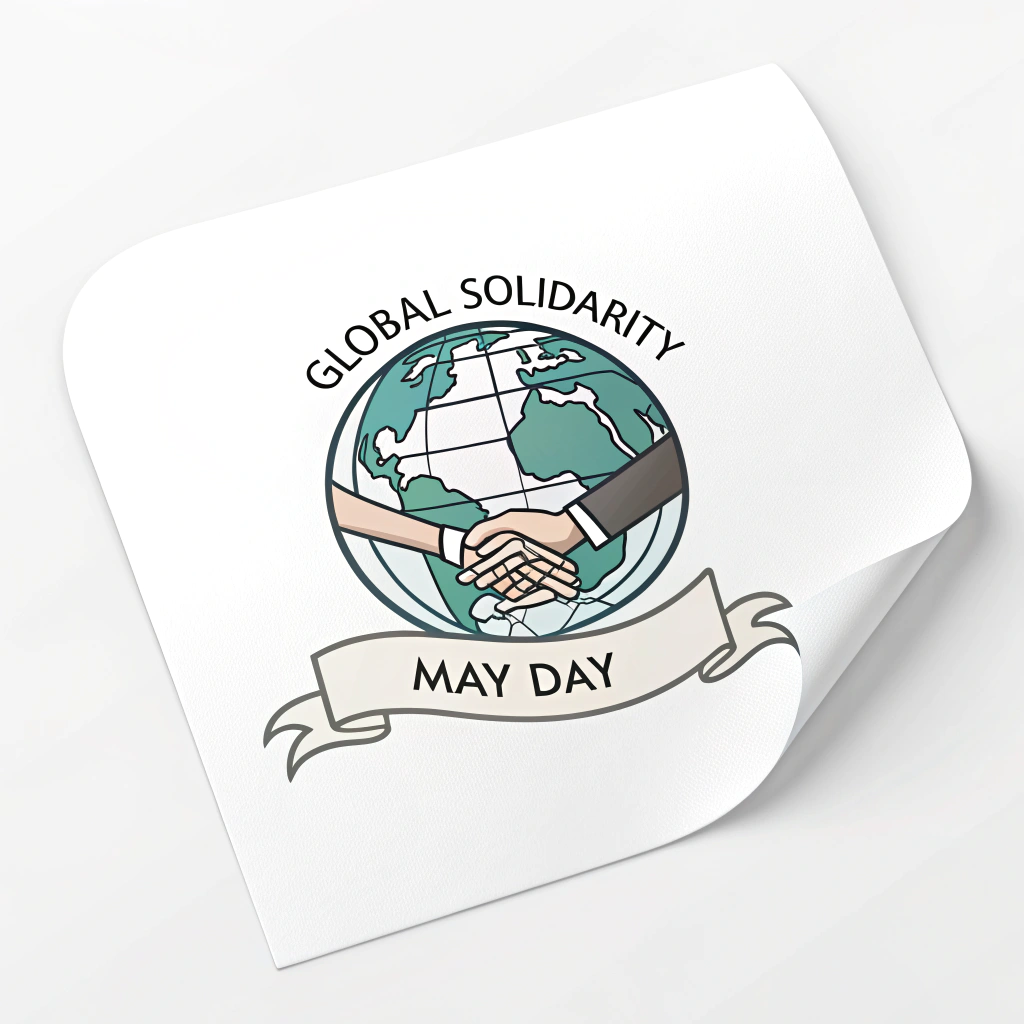 Simple Logo Idea: A stylized globe icon with two hands subtly integrated into its design, clasping across the equator. The text 'Global Solidarity - May Day' arched above or below in a clean, modern sans-serif font.