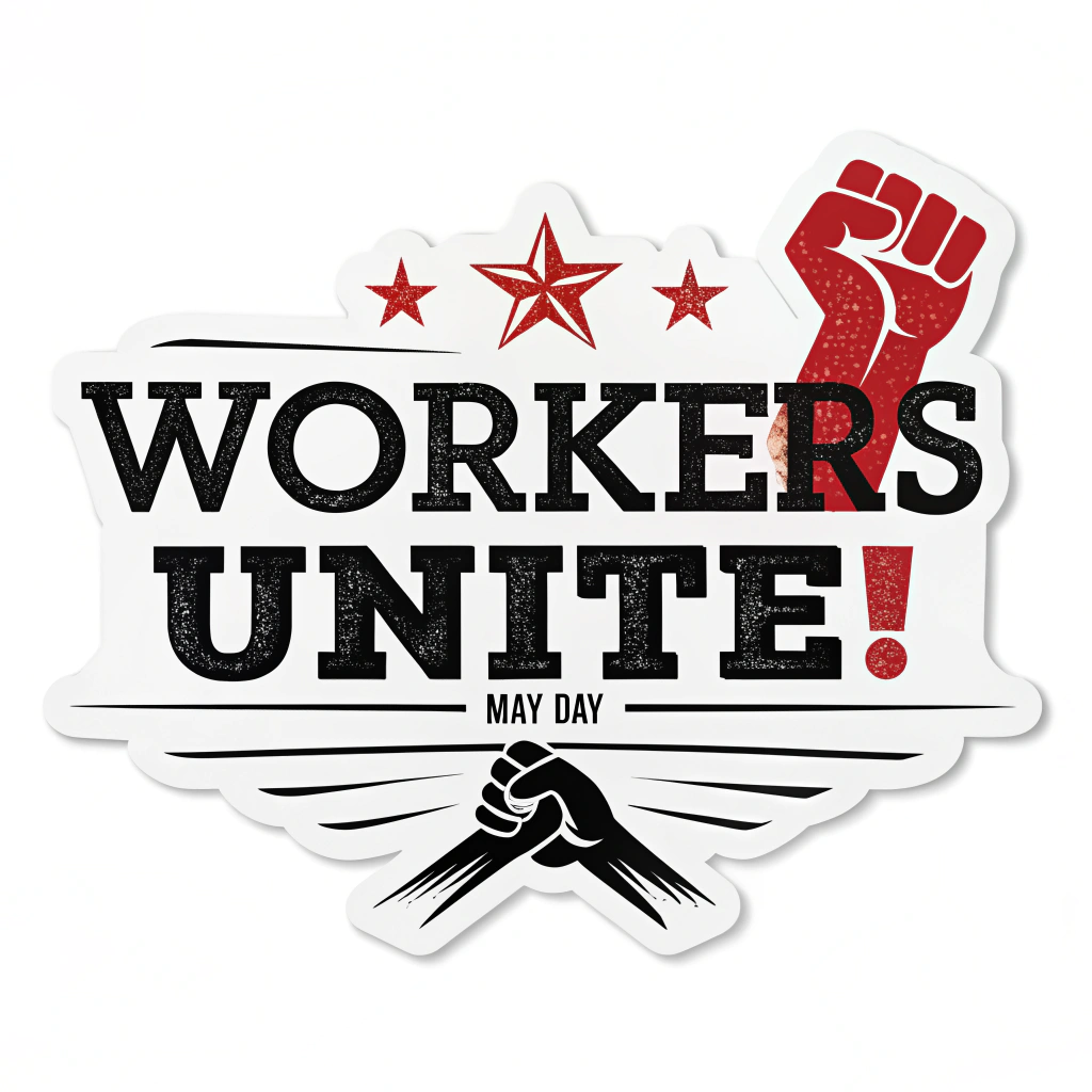 A typography-focused design with 'Workers Unite!' as the dominant text in a strong, stencil-like or handmade font. 'May Day' can be smaller or incorporated within the design. Minimalist graphic elements like a red star or simple lines could accent the text. Colors: Bold red and black on a contrasting background.