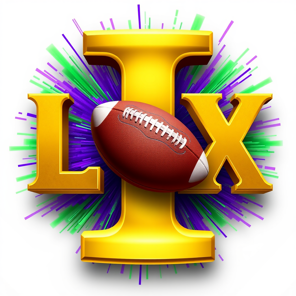 Numeral Focus with Color Burst: Bold 'LIX' in metallic gold, with purple and green energy bursts or confetti shapes emanating from behind. A sleek, modern football subtly integrated, perhaps forming the crossbar of the 'X' or nestled within the 'L'.