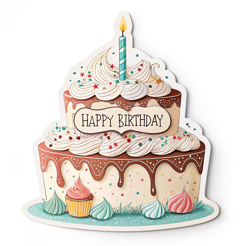 A sticker shaped like a birthday cake, decorated with frosting swirls, sprinkles, and a single candle, and the text 'Happy Birthday' integrated into the design.