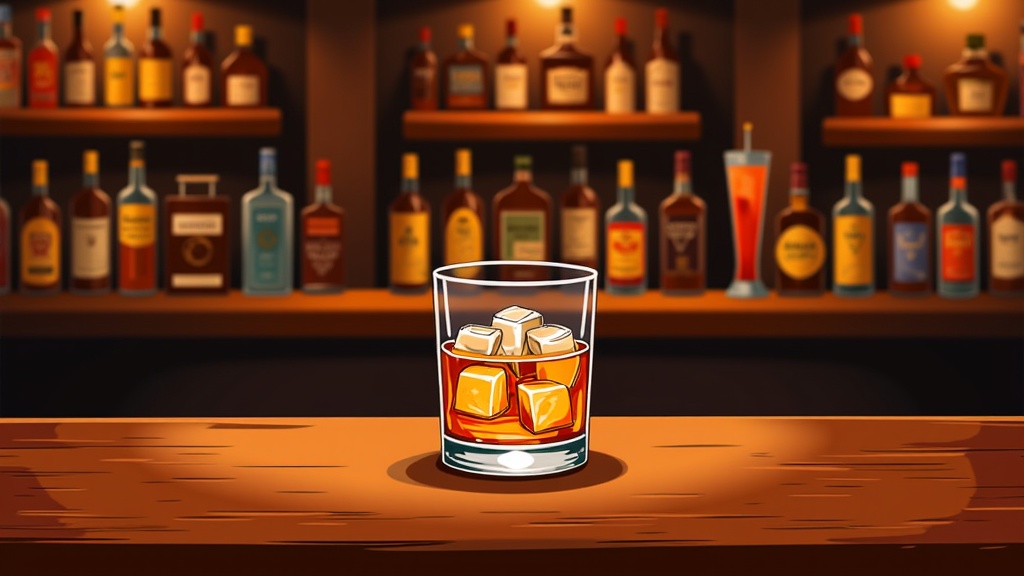  a glass of whiskey on a wooden bar counter. The glass is filled with ice cubes and is placed in the center of the counter. Behind the glass, there are shelves filled with various bottles of alcohol. The bottles are of different sizes and colors, and some have labels on them. On the right side of the image, there is a tall glass with a drink in it. The background is dark, and the overall color scheme is warm and inviting.