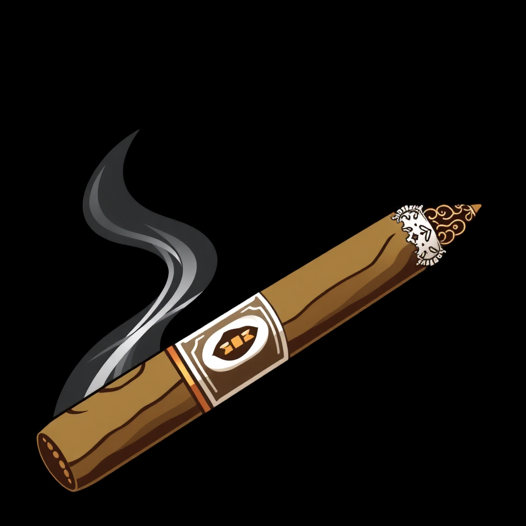 The image is a digital illustration of a cigar. The cigar is in the center of the image and is facing towards the right side. It has a dark brown color and a smooth texture. On the top of the cigar, there is a white label with a gold-colored emblem in the shape of a lion's head. The emblem is surrounded by a wisp of smoke. The background is black, making the cigar stand out.