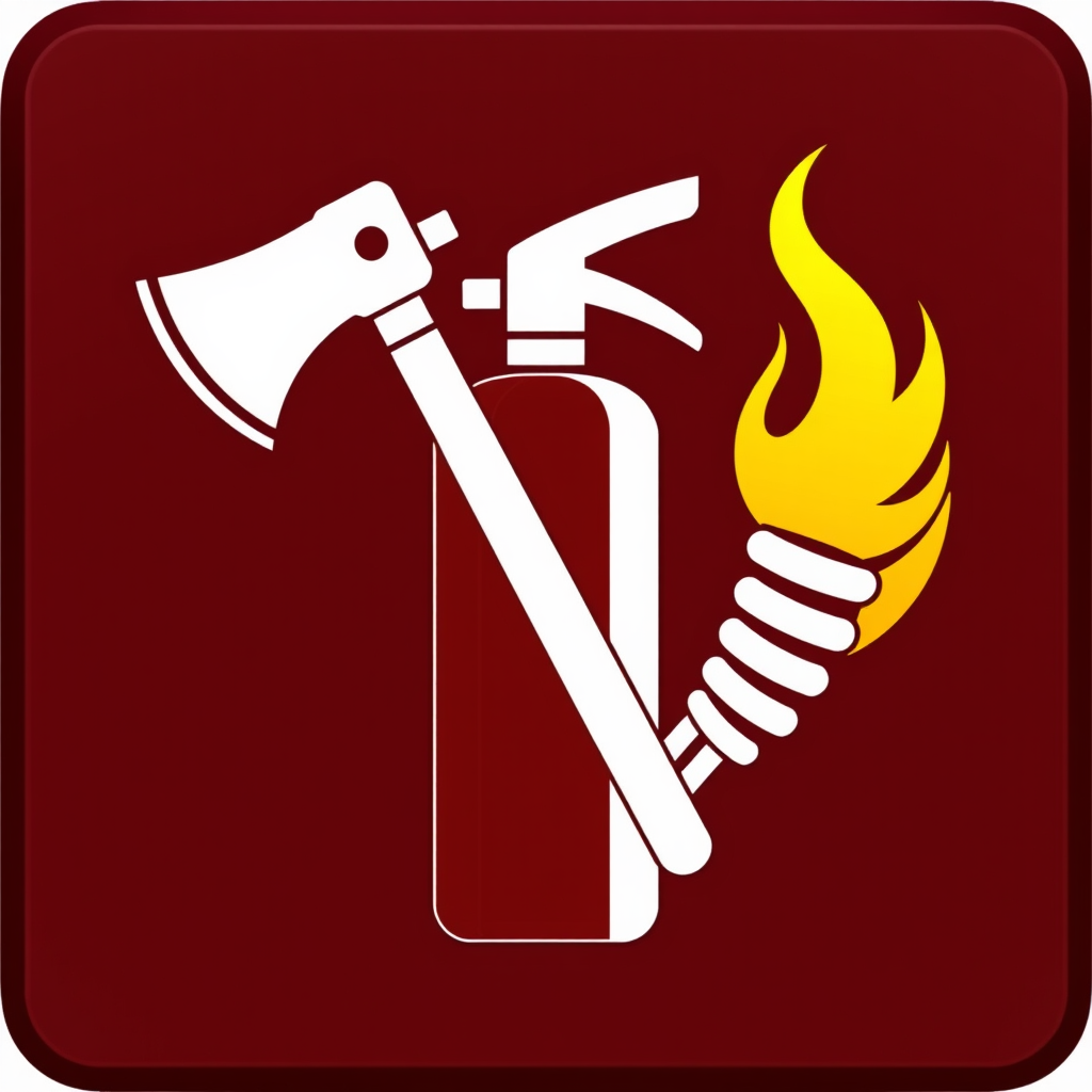 Fire extinguisher icon featuring both an axe and a hose, symbolizing the dual approach of cutting off fuel and suppressing flames.