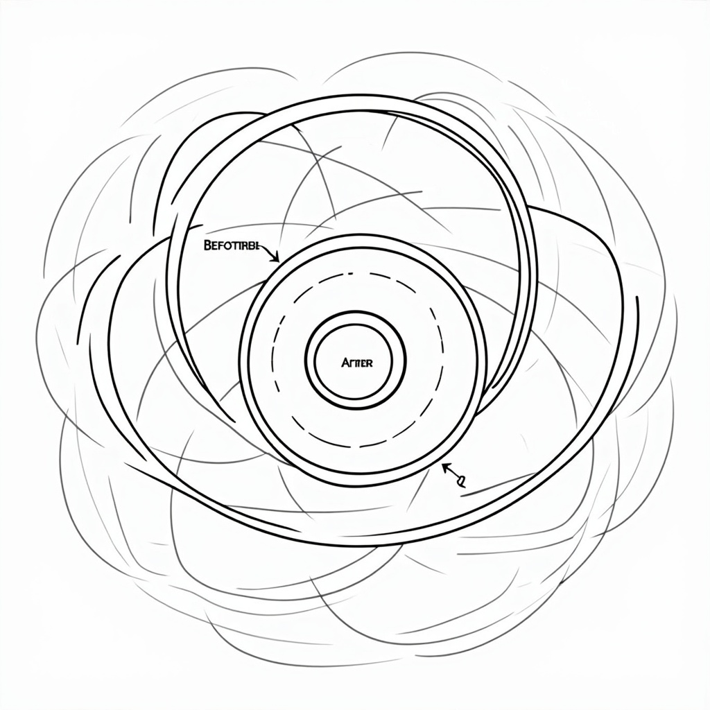 Illustrate an atom with clearly defined energy shells (orbits). Show an electron in a lower shell with an arrow pointing to an empty spot in a higher shell, visualizing its 'before' and 'after' jump positions. Background could feature subtle quantum wave patterns.