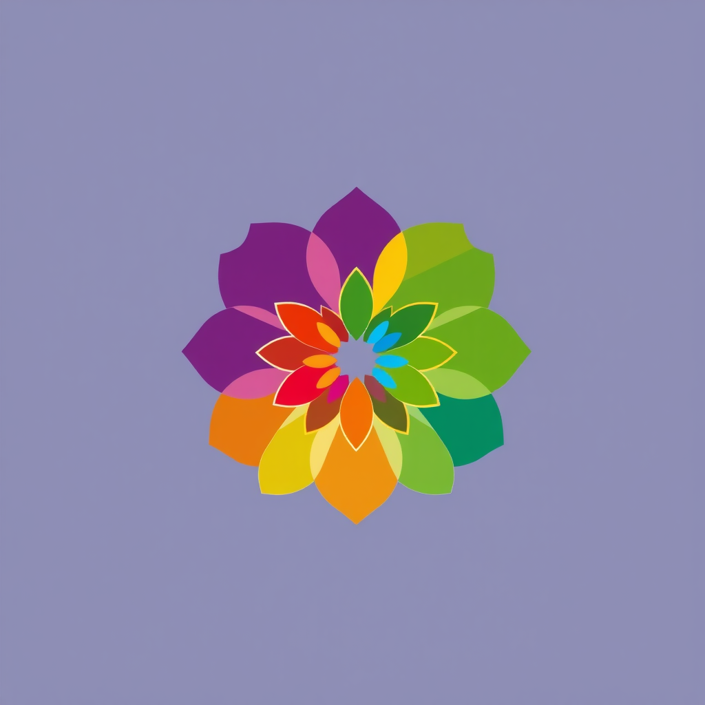 Abstract Floral Bloom/Growth: Design a logo where 'Evolving Connections' are depicted as an abstract, unfolding floral or organic shape. Each petal or element, in a distinct Pride color (potentially incorporating Progress Pride elements), contributes to the whole, symbolizing diverse communities blooming together in a dynamic, global celebration for WorldPride 2025.