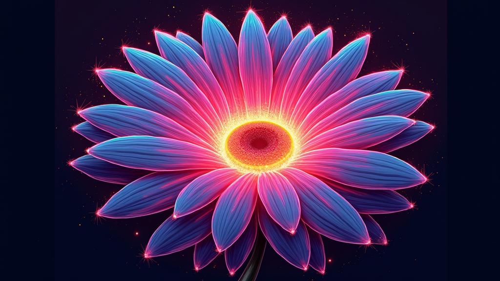 Psychedelic Bloom Portal: A daisy whose center swirls into a psychedelic neon portal. Petals have abstract, flowing neon light trails. Text: 'Neon Nightscape' or 'Enter the Bloom'.