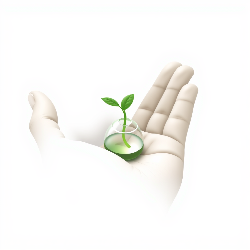 Ultra-minimalist hand gently cupping a tiny sprout or water droplet, symbolizing Gaia's care and life-giving aspect.