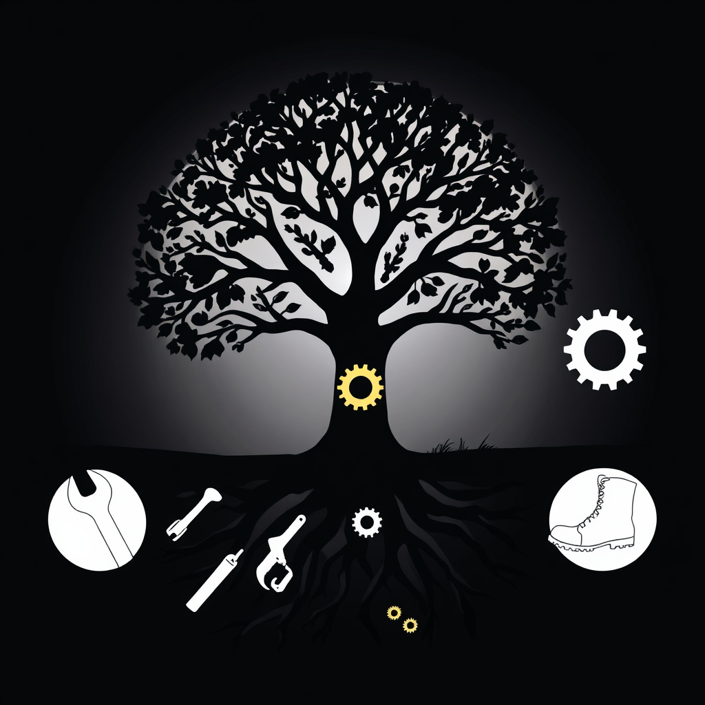 Design a central tree silhouette where the root system below ground clearly morphs into or holds common safety tool outlines (spanner, gear, protective boot print), connecting the natural element directly with workplace safety implements.