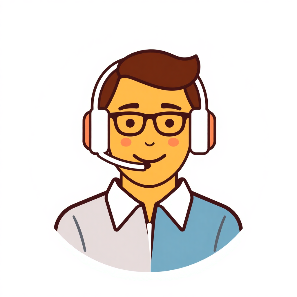 The image is an illustration of a man wearing a headset. He has brown hair and glasses, and is wearing a blue collared shirt. He is smiling and appears to be in a call center or a customer service representative position. The headset is white and has a microphone attached to it. The background is plain white.