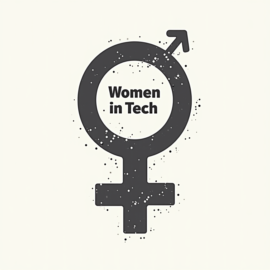 Symbolic Fusion: Use the female symbol (♀) as a base. The circle could be stylized as a coffee cup viewed from above, and the cross element formed by intertwined code brackets or a simplified power icon. 'Women in Tech' in a strong, empowering font.