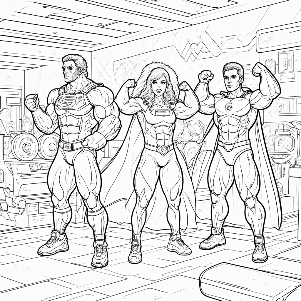 A coloring page showcasing superheroes lifting weights and exercising in a high-tech gym.