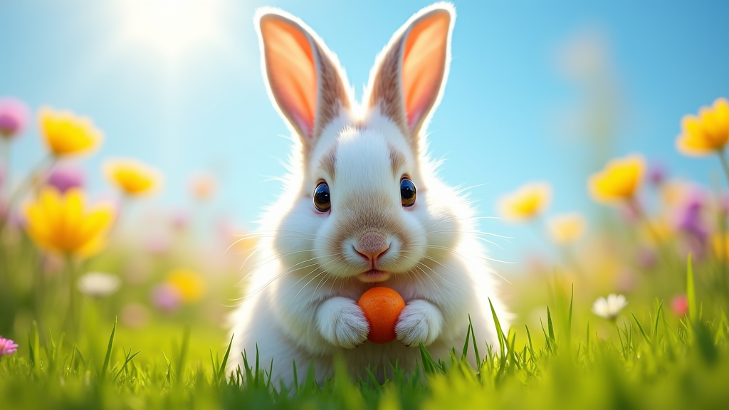 The image is a digital illustration of a white rabbit sitting in a field of green grass. The rabbit is holding an orange carrot in its paws and is looking directly at the camera with a curious expression. The background is blurred, but it appears to be a sunny day with a blue sky and a field full of colorful flowers. The overall mood of the image is cheerful and playful.