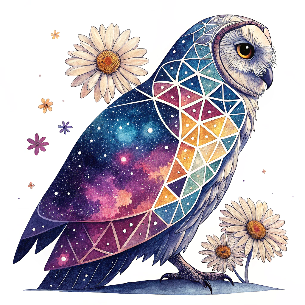 A sticker featuring a stylized owl made of vibrant, glowing geometric shapes against a deep indigo starry sky with nebula patterns. The owl's eyes could be miniature EDC daisy symbols.
