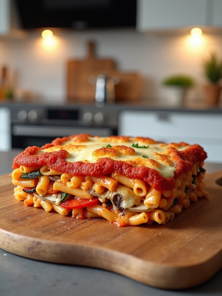 Baked ziti with an unusual twist—extra variety with sliced mushrooms and peppers, layered beneath the familiar cheese and sauce blend, presented in a contemporary kitchen.