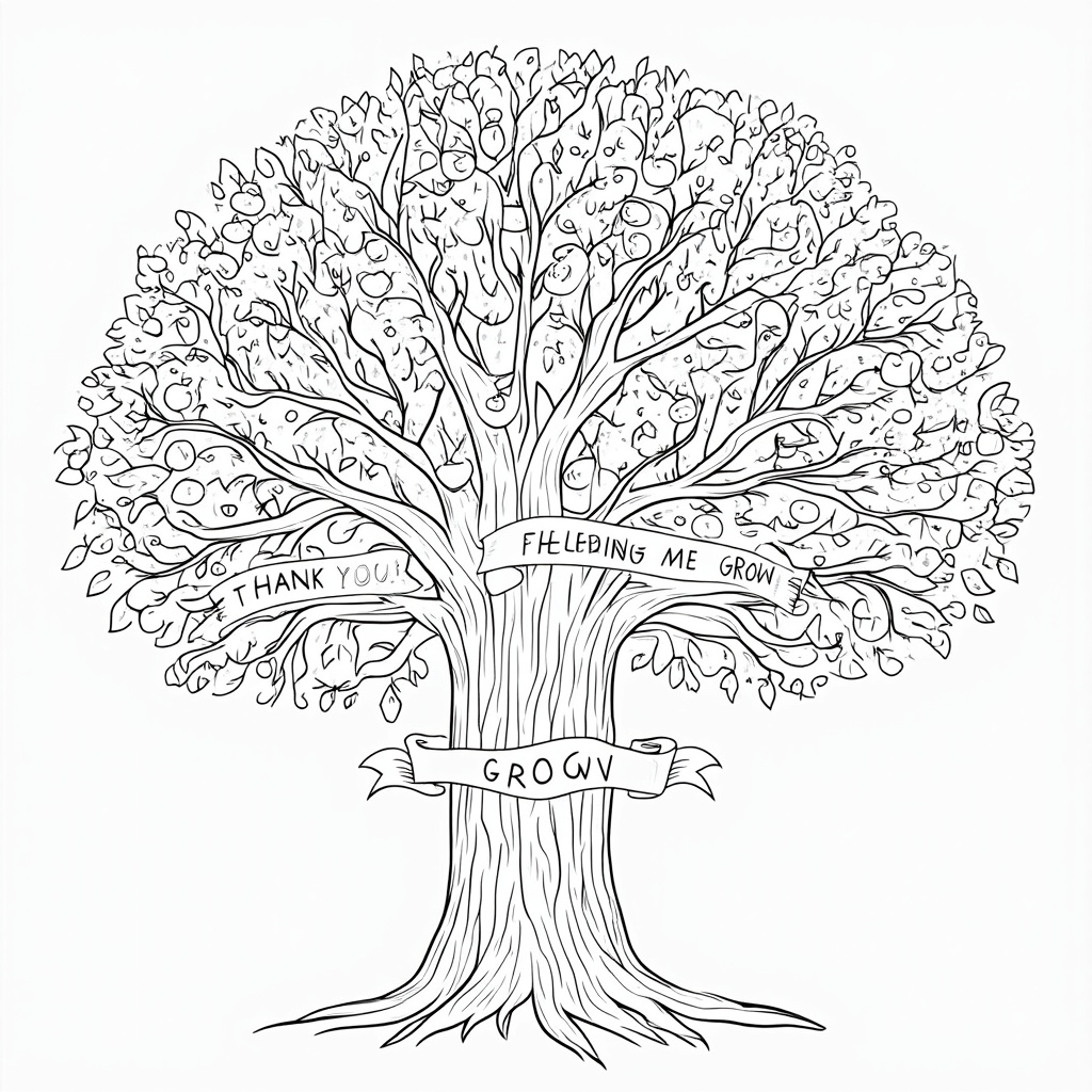 A design showcasing a sturdy tree trunk with strong roots. The branches are filled with leaves, and interspersed among them are items like apples, books, pencils, and lightbulbs, symbolizing different areas of learning and growth. The phrase 'Thank You for Helping Me Grow' could be carved into the trunk or written on a scroll unfurling from a branch.