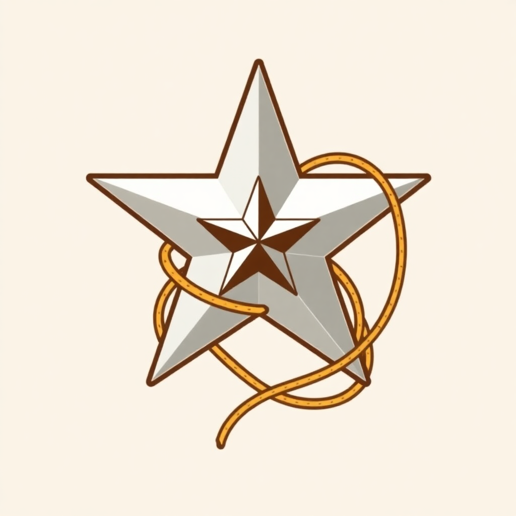 A classic five-point star with a lasso wrapped around it, symbolizing the rodeo connection.