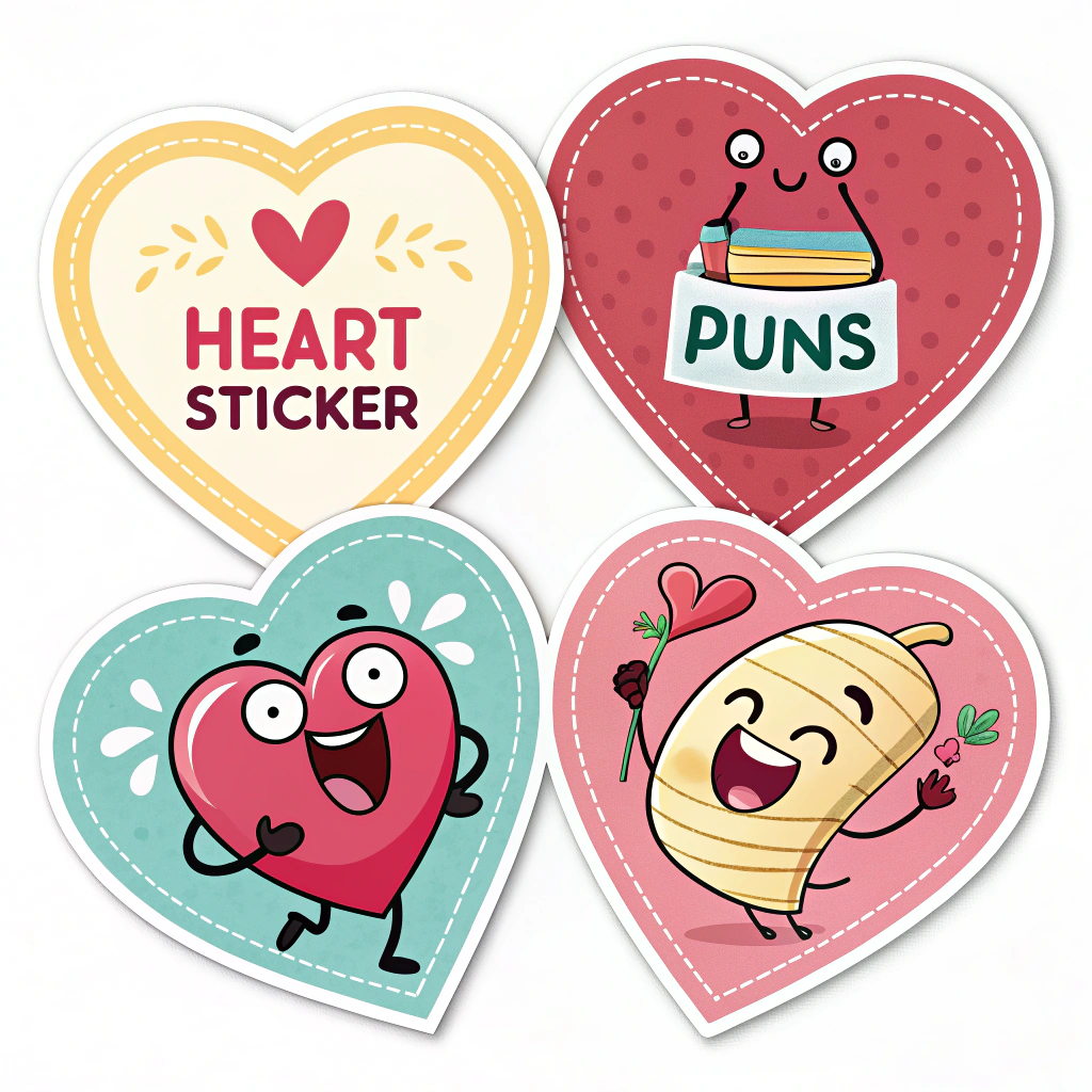 Heart-shaped stickers with funny expressions or puns.