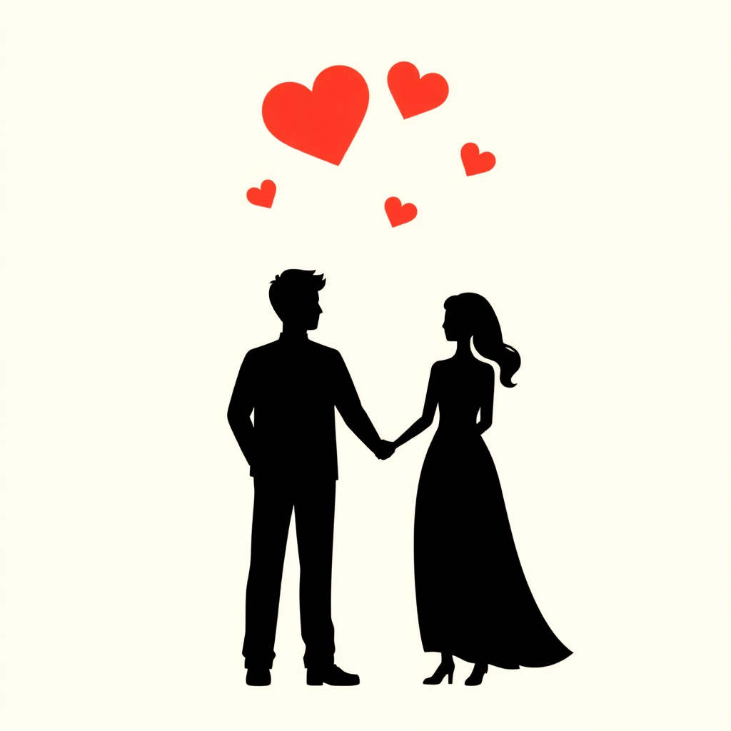 The image shows a silhouette of a man and woman holding hands with red hearts floating above them against a white background.