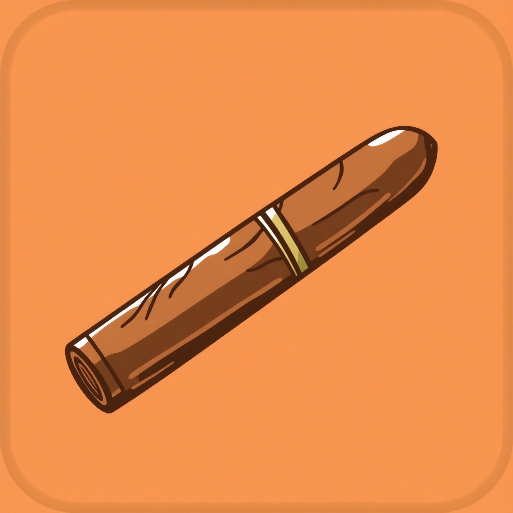 The image is an illustration of a cigar. The cigar is long and cylindrical in shape, with a pointed end and a flat base. It appears to be made of wood or a similar material, and has a smooth texture. The background is a solid orange color, and the cigar is outlined in black. The illustration is simple and cartoon-like, with no shading or shading.