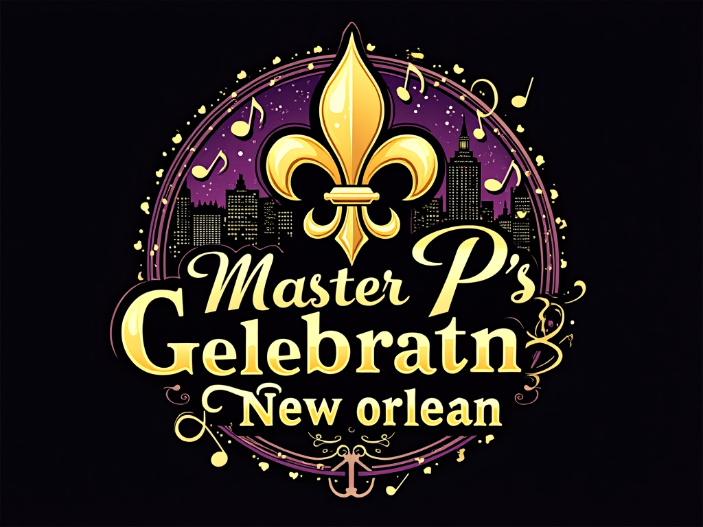 New Orleans themed design incorporating golden fleur-de-lis, musical notes, or a stylized city skyline with 'Master P's Golden Celebration' integrated. Colors could be predominantly gold, black, and purple.