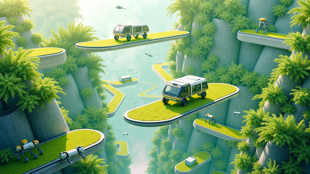 Nature's Flow Network Illustration: An aerial or elevated view of robotaxis on dedicated green pathways or transparent sky-routes weaving through plant-covered architecture, using light trails to show efficient, eco-friendly urban transit.