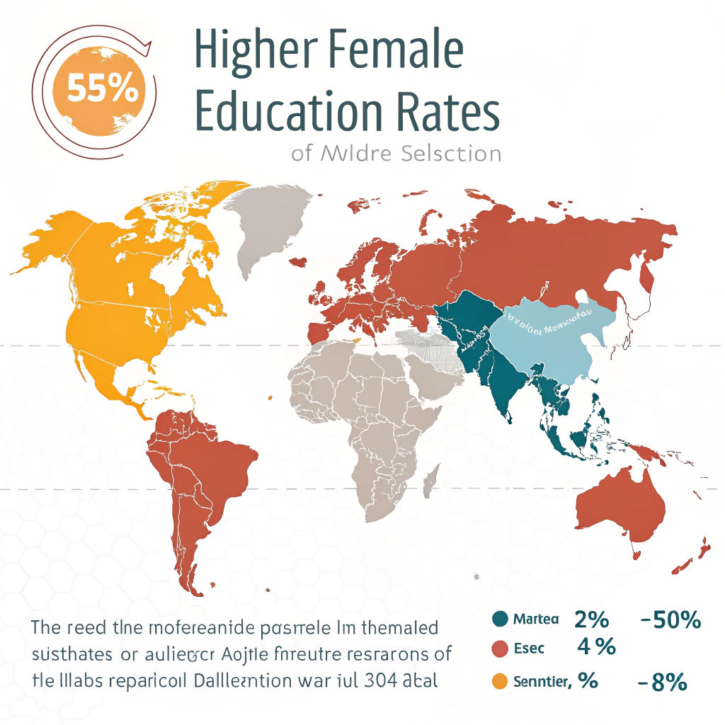 A world map graphic where regions with higher female education rates are brighter, showcasing the global impact.