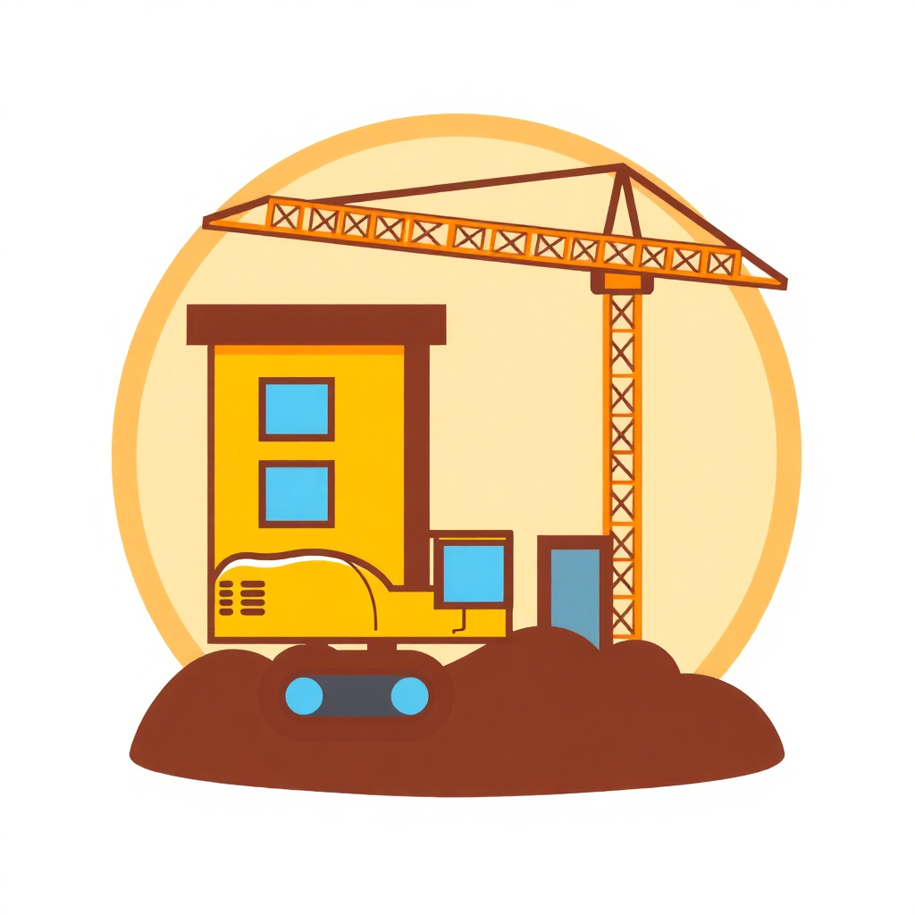 The image is an illustration of a construction site. It shows a yellow building under construction with a crane on top of it. The building appears to be a two-story structure with a sloping roof and a chimney on the left side. The crane is tall and has multiple arms extending from it. On the right side of the image, there is a yellow excavator with blue wheels. The excavator is digging a hole in the ground. The background is a light orange color.