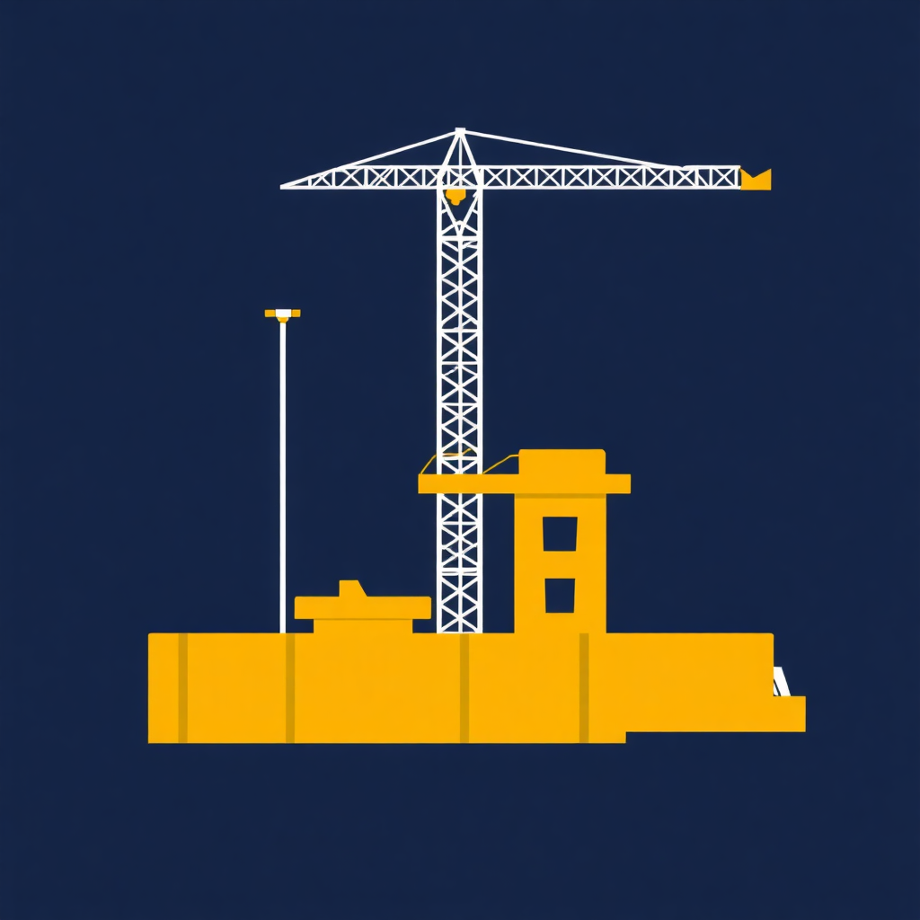 The image is an illustration of a construction site with a yellow crane on top of a yellow barge. The barge is rectangular in shape and appears to be made of concrete or concrete. The crane is tall and slender with a pointed top and a long arm extending from the bottom. It has a yellow base with a small window on the side. The background is dark blue, making the yellow color of the barge stand out. The image is simple and minimalistic, with no other elements in the background.