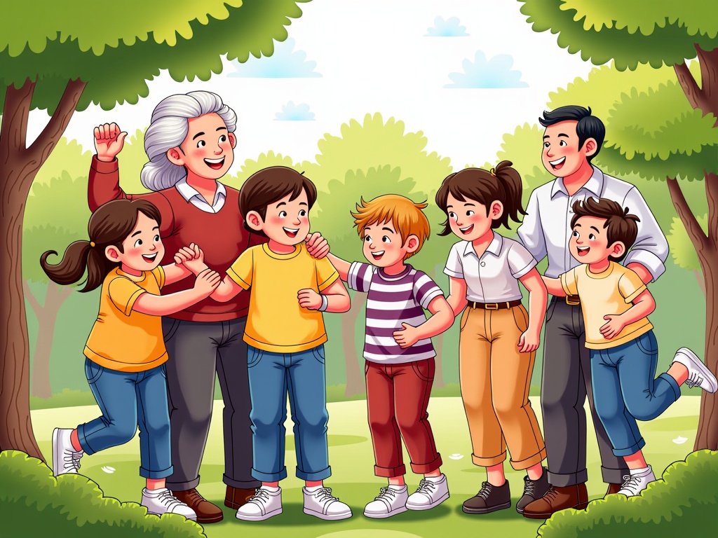  a group of seven children and an elderly woman standing in a park. The children are of different ages and ethnicities, and they are all smiling and holding hands. The elderly woman is standing in the center of the group, with her arms around the children. She is wearing a red sweater and has white hair. The other children are standing around her, with two boys and two girls on either side of her. They are all wearing casual clothes and appear to be happy and enjoying each other's company.  The background of the image is filled with trees and greenery, and there is a blue sky with white clouds. The ground is covered in green grass and there are a few bushes and shrubs scattered around. The overall mood of the illustration is cheerful and happy.