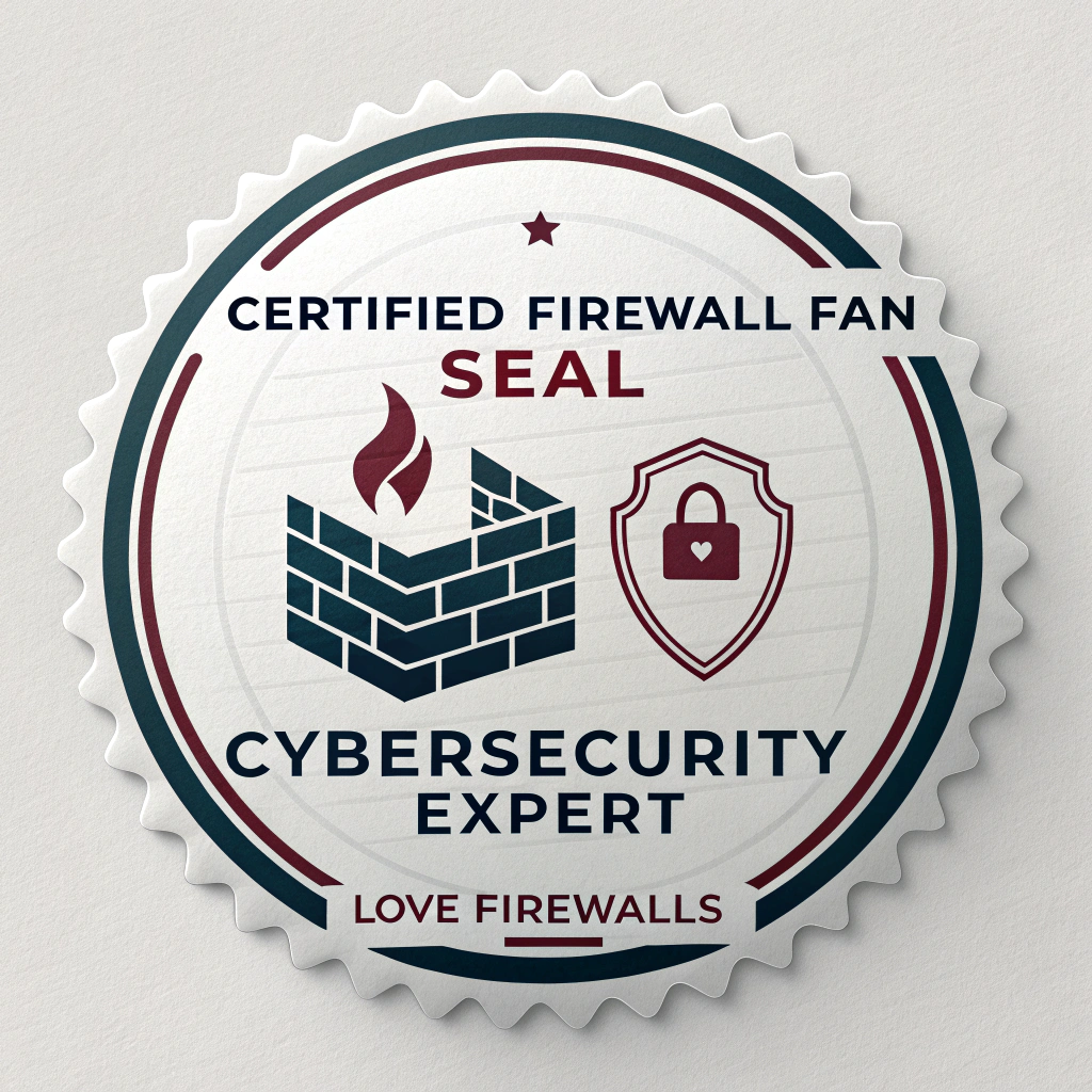 Certified Firewall Fan Seal: A sticker designed like an official certification seal or patch. Concentric circles with 'CYBERSECURITY EXPERT' in the outer ring. The inner area features a stylized firewall icon (e.g., a wall segment with a subtle lock or checkmark). 'I LOVE FIREWALLS' is placed prominently within or below the seal.