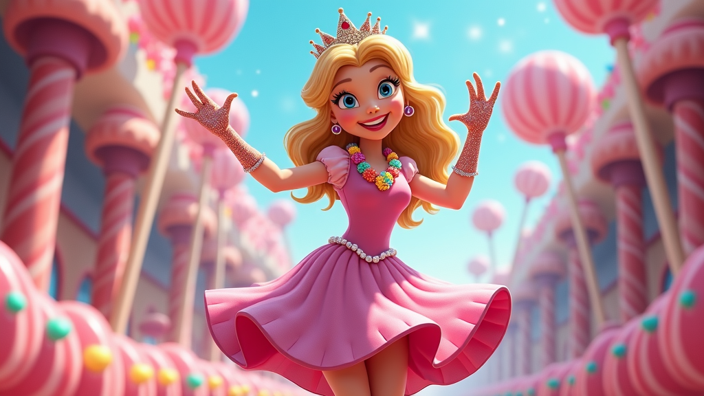 A princess with a skirt shaped like a cupcake liner, her gloves looking like frosting piping bags, and wearing a necklace of gumdrops.