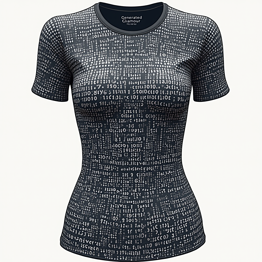 T-Shirt Design Idea 3 (Algorithmic Weave): Visualize lines of sophisticated, stylized code or binary sequences weaving together to form a luxurious fabric texture or a flowing garment shape. The 'code' itself has an aesthetic, almost calligraphic quality. 'Generated Glamour' would be the main title, 'Styled by AI' subtly embedded in the pattern.