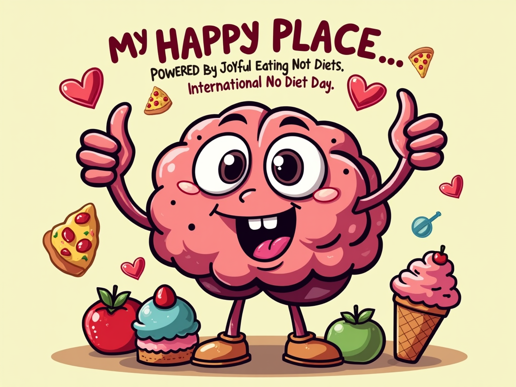 A design showing a stylized, happy brain or heart character, surrounded by a variety of delicious food icons like pizza, ice cream, and fruit. Caption: 'My Happy Place: Powered by Joyful Eating, Not Diets. International No Diet Day.'