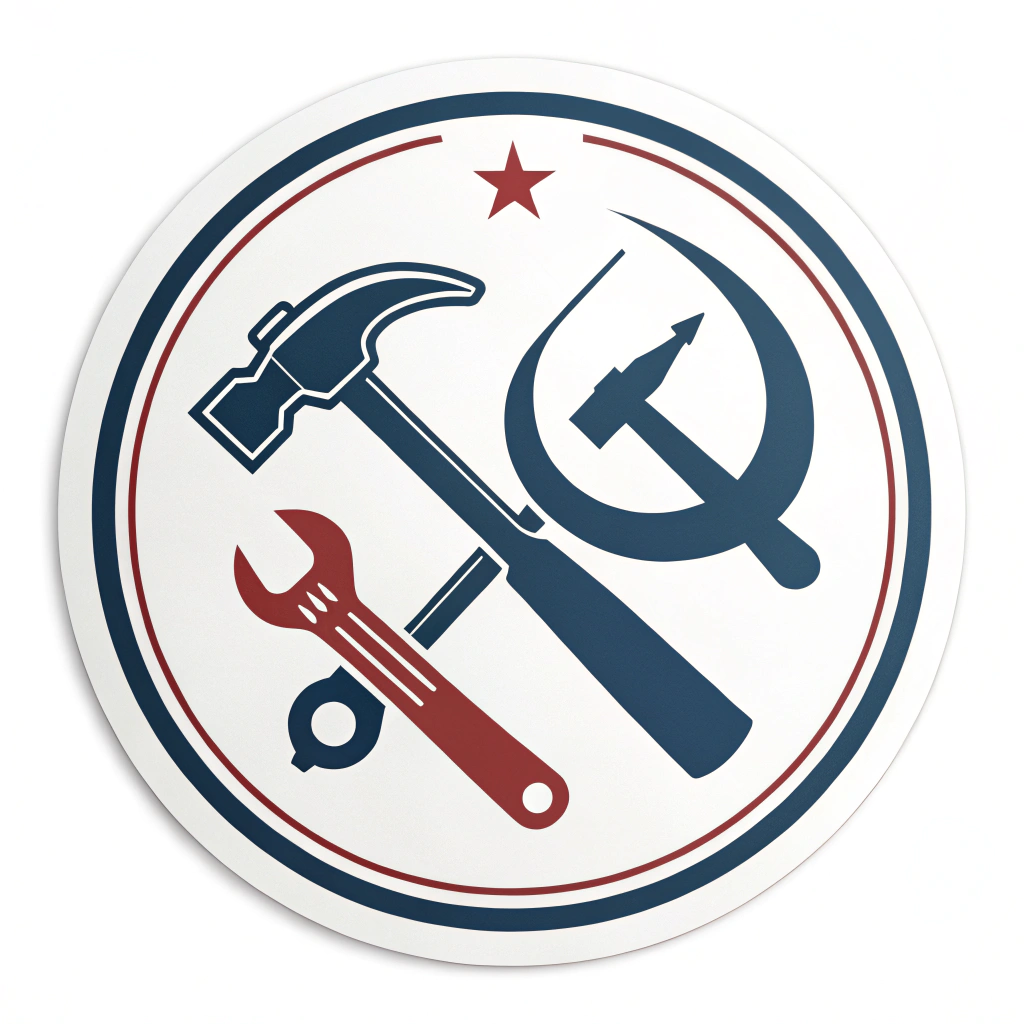 Icon Idea: A compact, simplified emblem featuring the hammer, wrench, and sickle crossed or neatly arranged, possibly within a circular or shield outline for easy recognition at small sizes.