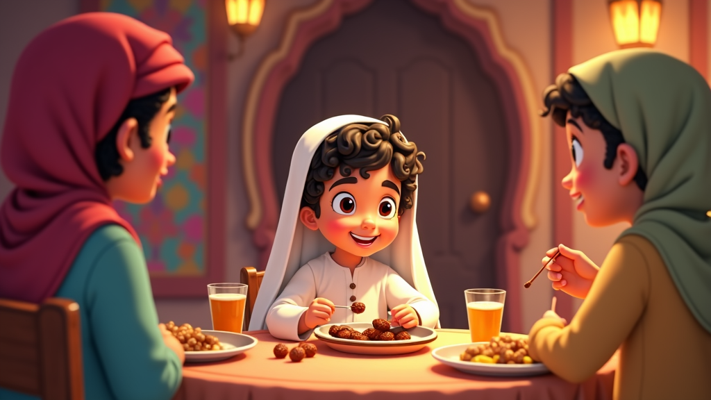 A cartoon series featuring a young Qatari child experiencing Ramadan traditions, such as fasting, praying, and Iftar with family, depicted with bright, culturally relevant visuals.