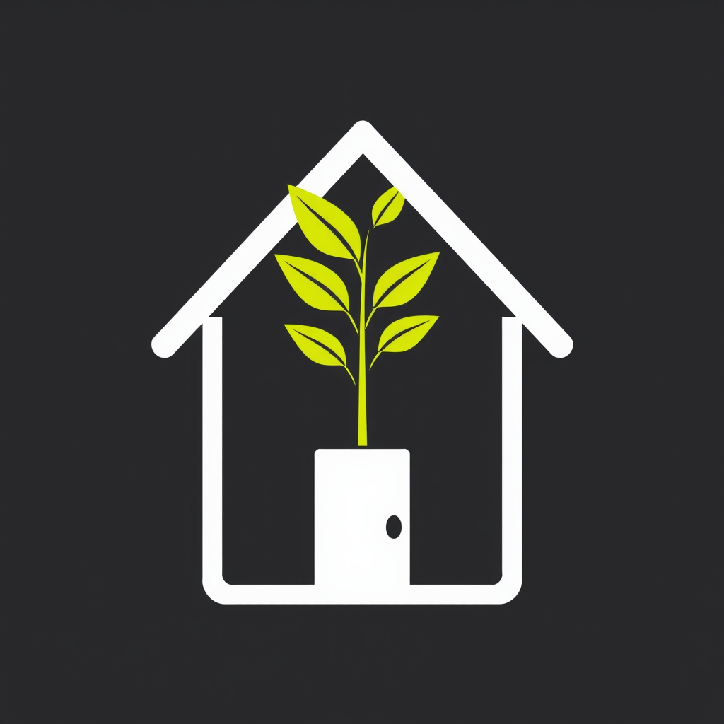 A minimalist house silhouette from which a vibrant plant or tree organically grows, with leaves pointing upwards, signifying flourishing life, well-being, and advancement stemming from a stable home.