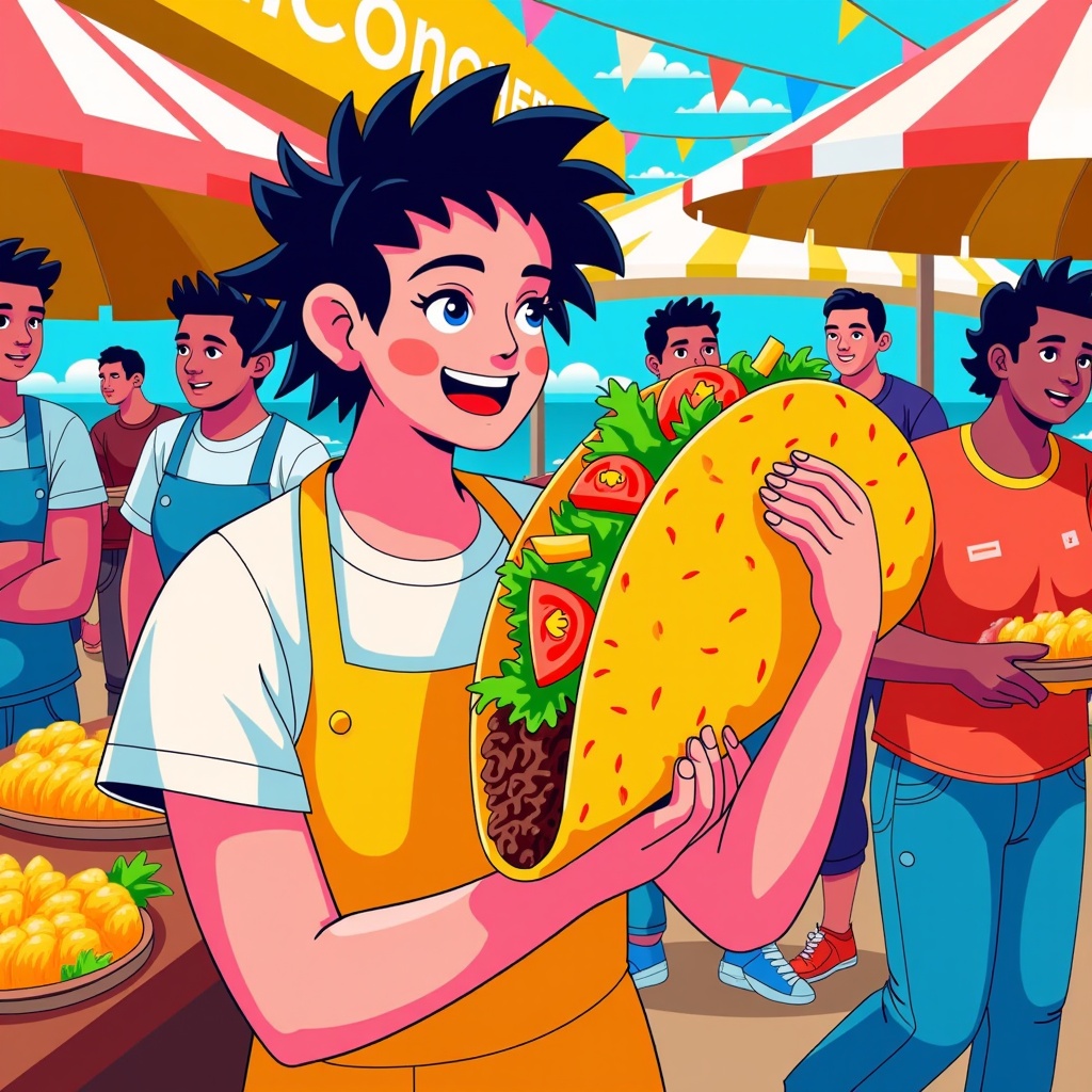  a young boy holding a large taco in his hands. He is wearing a yellow apron and has black hair. He has a big smile on his face and is holding the taco with both hands. Behind him, there are several other young men standing behind a table with various food items on it. The table is set up under a red and white striped tent with the word Concordia written on it, and there are colorful flags hanging from the ceiling. The background shows a beach with palm trees and a blue sky. The overall mood of the image is cheerful and lively.