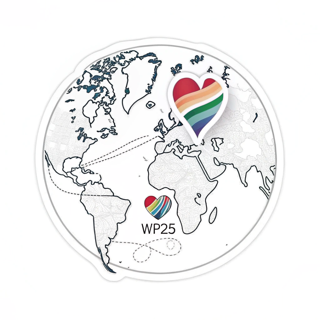 Simple Icon Idea: A minimalist icon showing a stylized globe with a small, vibrant rainbow heart pin marking a location, or a rainbow heart seamlessly overlaid on the map. The initials 'WP25' could be subtly integrated within or below the design.