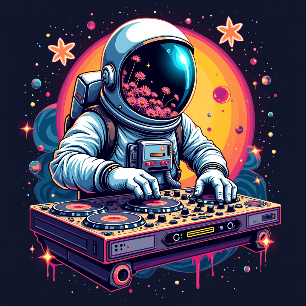 Astro-Daisy DJ: A stylized astronaut character wearing a helmet that reflects a miniature rave scene or has daisy petals integrated into its design. The astronaut is DJing on a floating console made of retro tech (cassette players, chunky buttons). Background features swirling geometric patterns and pixelated starbursts in bright rave colors.
