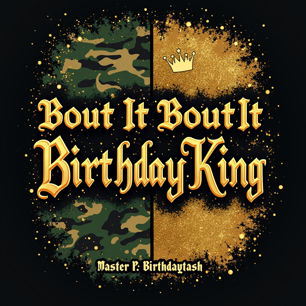 A design split with a camouflage pattern on one side and a luxurious gold pattern on the other. The text 'Bout It Bout It Birthday King' dominating the center, using a strong, impactful font. 'Master P Birthday Bash' subtly placed.