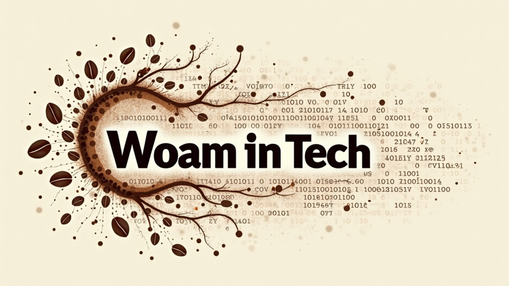 Abstract Coffee & Code Flow: An abstract design where coffee bean shapes and wisps of steam seamlessly transition into binary code (0s and 1s) or common coding symbols, all flowing around the text 'Women in Tech'.