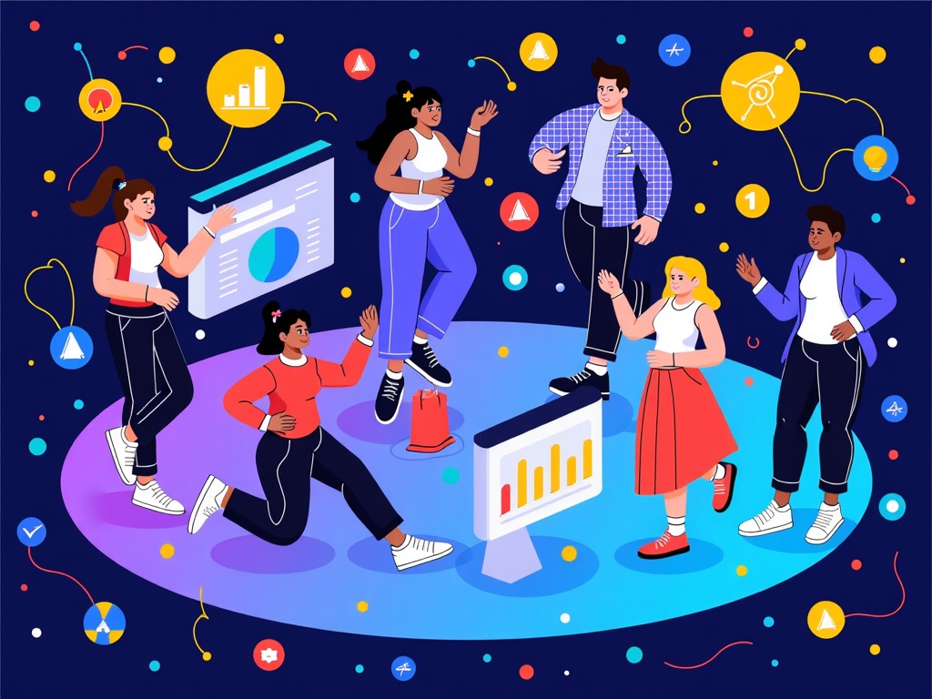 Human-Centric Data Flows: Combine stylized human figures interacting with dynamic data visualizations (e.g., flowing lines, glowing nodes, interactive charts) to showcase how technology empowers developers and users, highlighting collaboration and innovation.