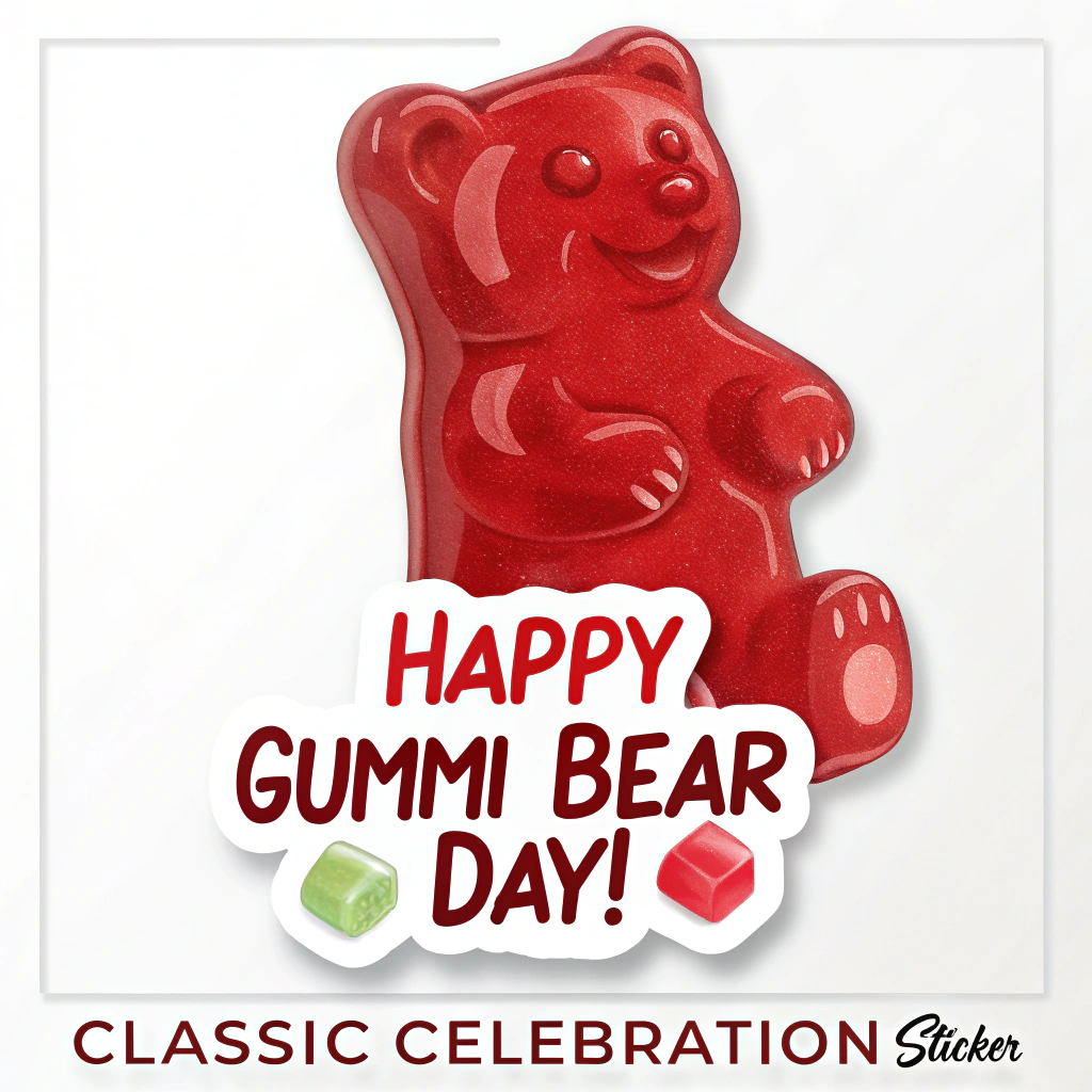 Sticker Design Idea 1: A single, prominent classic red gummi bear with 'Happy Gummi Bear Day!' in a fun, rounded font below or arcing over it. This emphasizes the 'Classic Celebration Sticker' aspect.