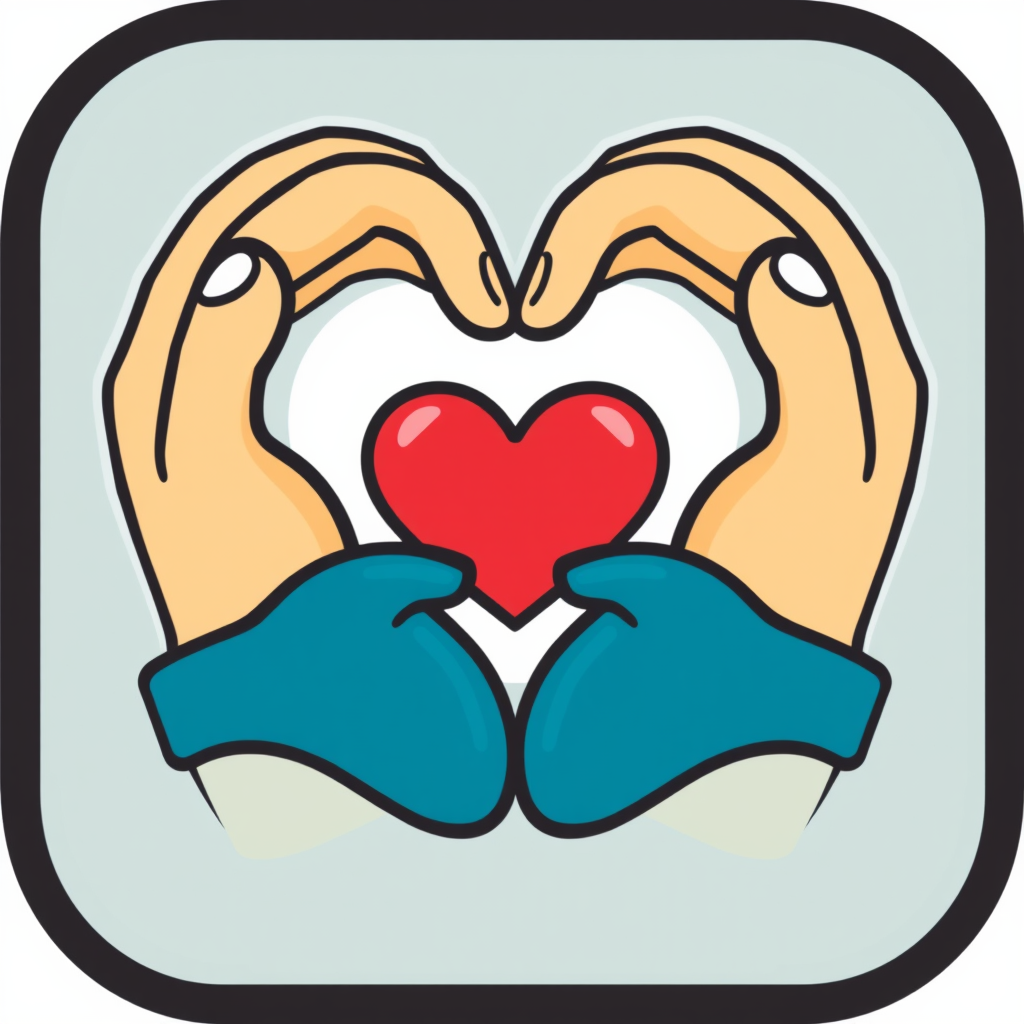 Stylized hands forming a heart shape around a smaller heart, representing support and unity.