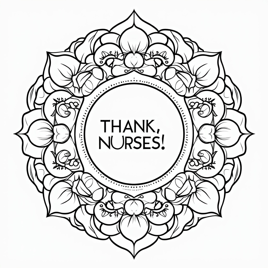 Interwoven Floral and Nursing Elements: A design where classic floral mandala patterns are gracefully intertwined with subtle, stylized representations of nursing tools (e.g., a stethoscope forming a circular frame, a gentle outline of a syringe without the needle, a band-aid pattern). 'Thank You, Nurses!' could be woven into the petals or stems.